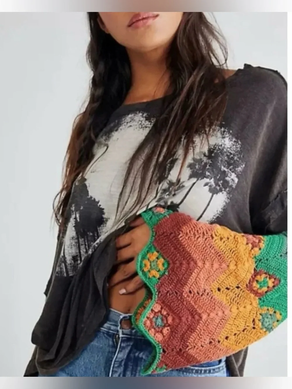 We the Free People So Edgy Tee Oversized Slouchy Crochet Flare Sleeve XS / Small